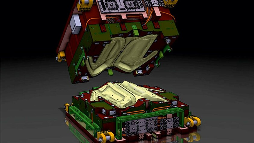 weba Werkzeugbau - CAD Konstruktion eines Umformwerkzeuges Eine 3D-Konstruktion eines Umformwerkzeuges (Oberteil und Unterteil) für die Produktion von Innentüren aus Carbon, präsentiert vor einem linear-abgestuften schwarz-grauen Hintergrund mit der Spiegelung des Werkzeuges auf dem Grund.