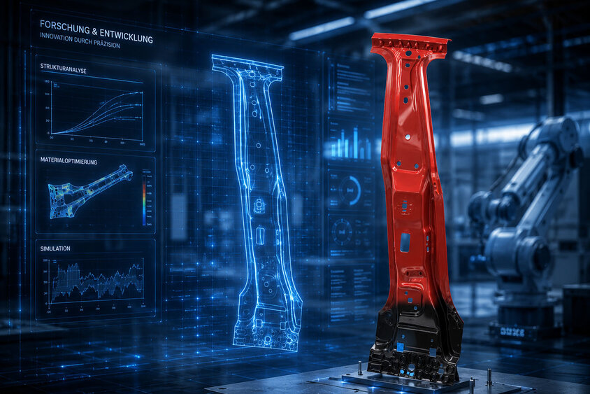 A hot-formed B-pillar of a vehicle with a tailored SoftZone produced by weba Werkzeugbau, showing weba`s ability in tailored toolmaking solutions for any hot forming requirement.