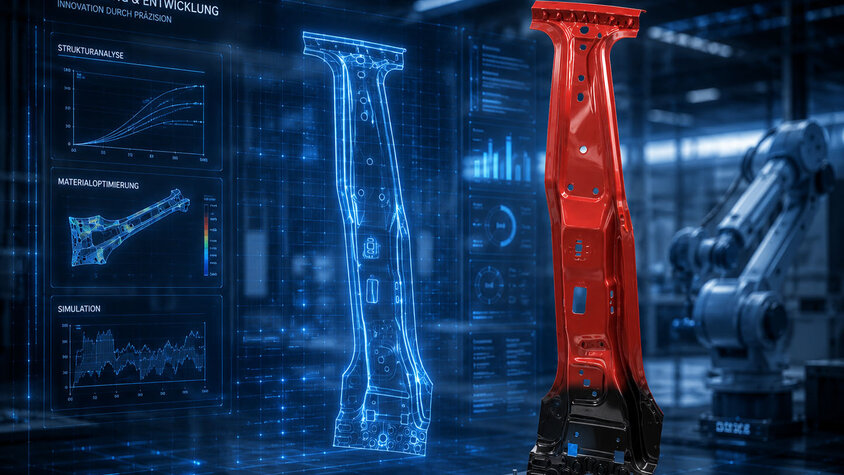 Eine warmumgeformte B-Säule eines Fahrzeugs mit tailierter SoftZone produziert von weba Werkzeugbau 