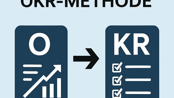 Graphic representation of the OKR method: an icon for Objectives on the left, an icon for Key Results on the right, connected by an arrow.