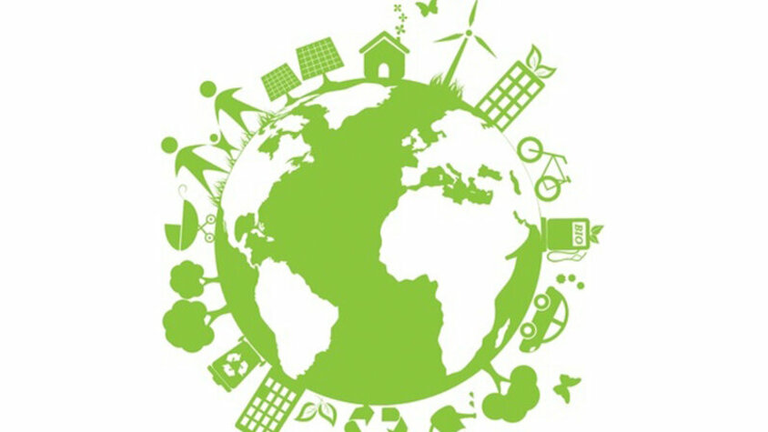 weba Werkzeugbau - Umweltmanagement ISO14001 Zertifizierung Zeichnung der Erde in grün/weiß, umgeben von einer Strichmännchen-Familie, einem Fahrrad, Bäumen, einem Windrad, einem Auto, einem Recycling-Symbol und Schmetterlingen.