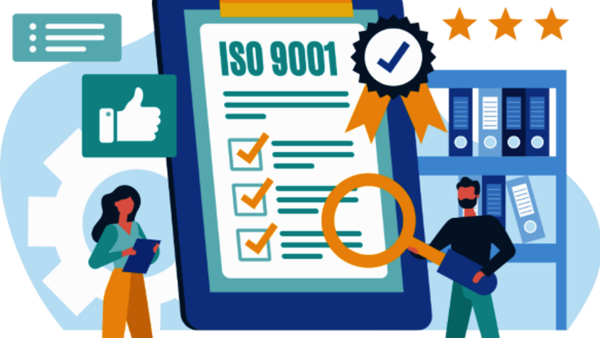 Messtechnik - Zertifizierte Qualität im Werkzeugbau mit ISO 9001 Bunte Vektorgrafik mit einem Klemmbrett, auf dem "ISO 9001" steht. Eine männliche Figur hält eine riesige Lupe, während eine weibliche Figur ein Buch hält. Neben ihnen sind ein Daumenhochzeichen und Sterne abgebildet.