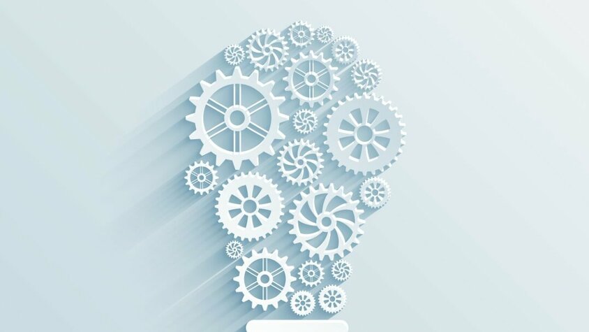 Innovationen im Werkzeugbau und Umformtechnik bei weba Werkzeugbau Eine Glühbirne, die aus ineinandergreifenden Zahnrädern besteht, symbolisiert Innovationen im Werkzeugbau und der Umformtechnik bei weba Werkzeugbau. Die Zahnräder repräsentieren den technischen Fortschritt und die fortschrittlichen Lösungen, die das Unternehmen in seinen Produkten und Prozessen umsetzt.