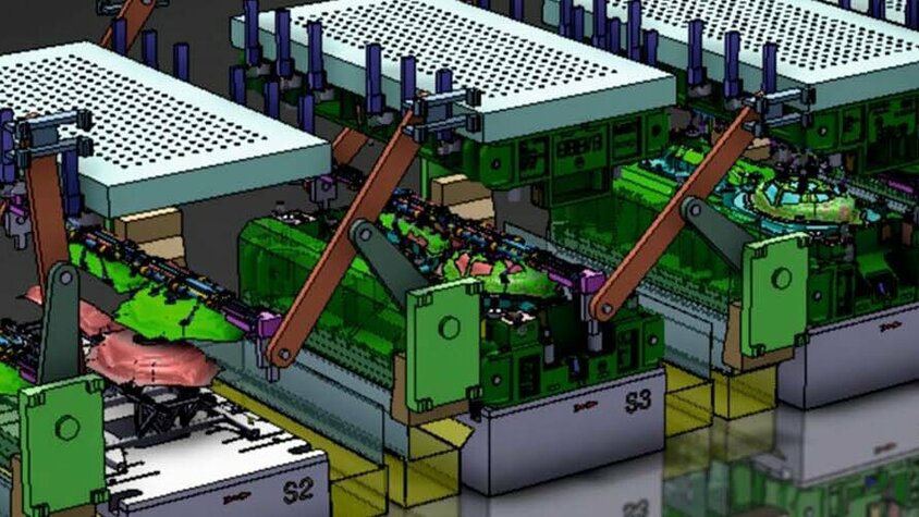 CAD Konstruktion - Designexpertise bei weba Werkzeugbau CAD Konstruktion eines grünes Linienwerkzeug mit fünf Fertigungsstufen, auf einem dunkelen Hintergrund