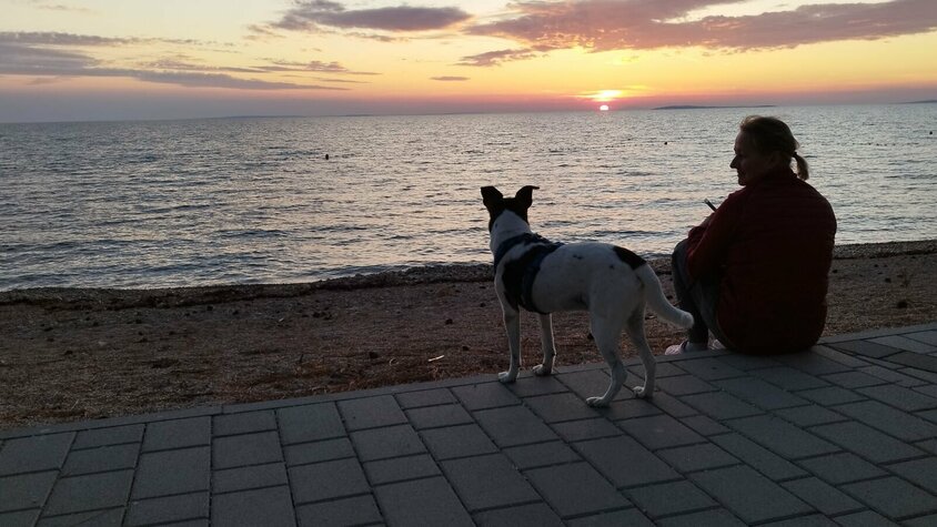 Klaudia sitzt am Strandweg und schaut mit ihrem Hund auf das Meer bei Sonnenuntergang.
