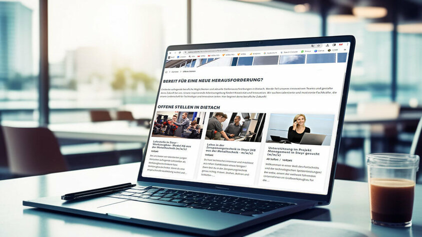 Ein Laptop auf einem Tisch, auf dessen Bildschirm die Stellenangebote-Webseite von weba Werkzeugbau geöffnet ist, bietet einen Einblick in die aktuellen Jobs in Steyr und Karrieremöglichkeiten des Unternehmens. Der Laptop steht in einem hellen Büro, und durch die Glaswand im Hintergrund sind ein eleganter Besprechungstisch und mehrere Stühle zu erkennen, was auf eine moderne und professionelle Arbeitsumgebung hinweist. Dieses Bild vermittelt den Eindruck einer zugänglichen und transparenten Karrierewelt bei weba, wobei die Technologie als Brücke zwischen potenziellen Bewerbern und dem Unternehmen dient.