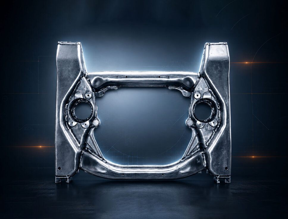 Formed aluminum structural component with complex geometry against a technical background.