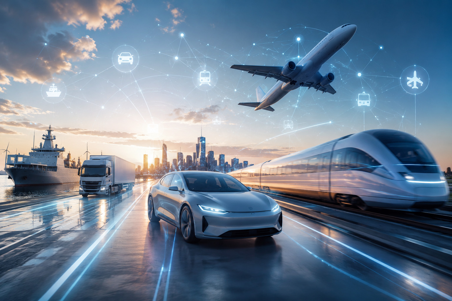 Futuristic mobility scene featuring an electric vehicle, high-speed train, truck, ship, and aircraft in front of a modern skyline. Digital networks and connected transportation symbols represent innovative mobility solutions and future technologies across the automotive, rail, aerospace, and logistics sectors.