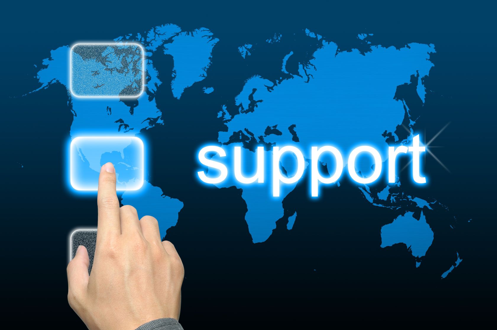 Hand pointing at world map with "Support" text – symbolic image for international customer service